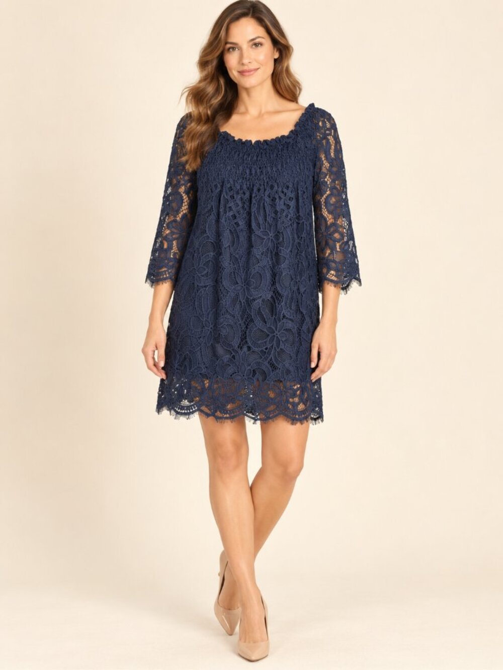 NWY Max VOLMARY Women's Navy Lace Smocked-Yoke Tunic TOP